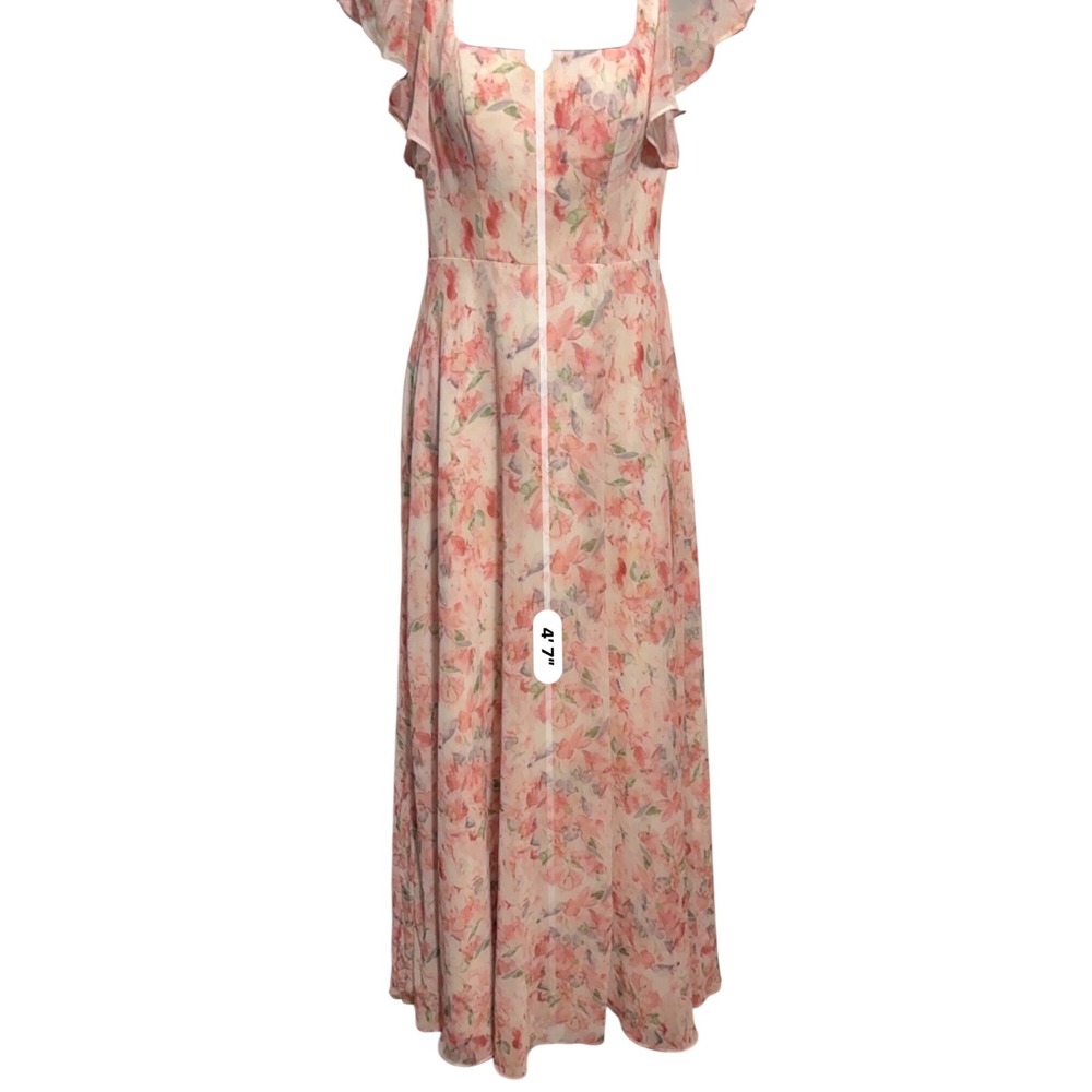 Azazie Floral Maxi Dress Flutter Sleeve Open Back Wedding Guest Chiffon - Picture 10 of 10